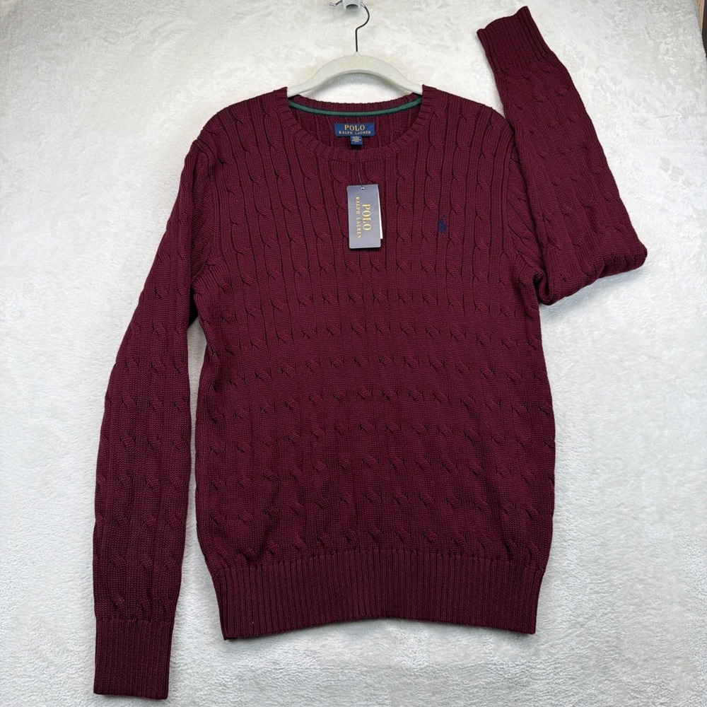 Polo Ralph Lauren Boys L 14-16 Burgundy Cable Knit Crewneck Sweater NWT